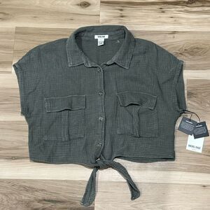 NEW Rachel Paige Cotton Green Button Up Cropped Short Sleeve Top Women’s Large